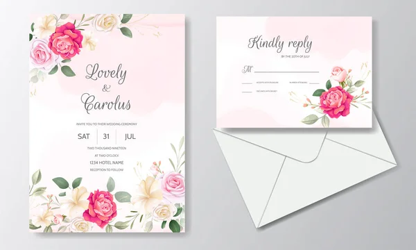 Belle Invitation Mariage Floral Avec Fleurs Roses Feuilles Vertes — Image vectorielle