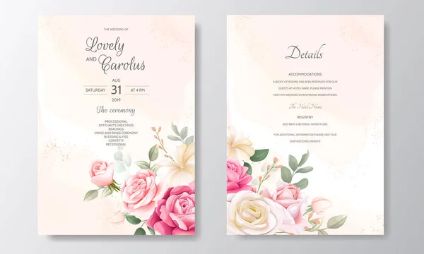 Όμορφη Floral Γαμήλια Πρόσκληση Ανθισμένα Τριαντάφυλλα Και Πράσινα Φύλλα — Διανυσματικό Αρχείο