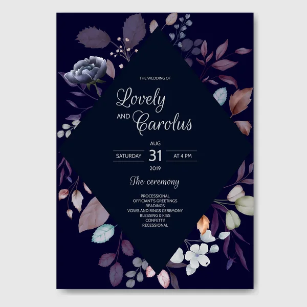 Aquarelle Feuilles Florales Modèle Carte Mariage — Image vectorielle