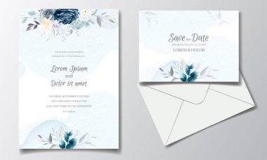 Lacivert çiçekli düğün davetiyesi şablonu. Altın yapraklı ve suluboya çerçeveli.