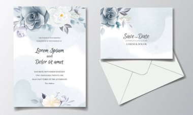 Lacivert çiçekli düğün davetiyesi şablonu. Altın yapraklı ve suluboya çerçeveli.