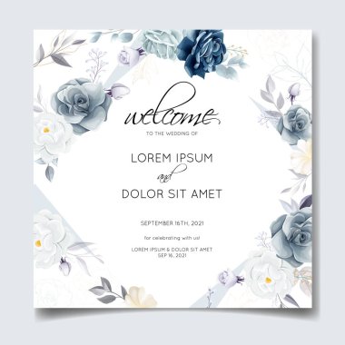 Lacivert çiçekli düğün davetiyesi şablonu. Altın yapraklı ve suluboya çerçeveli.