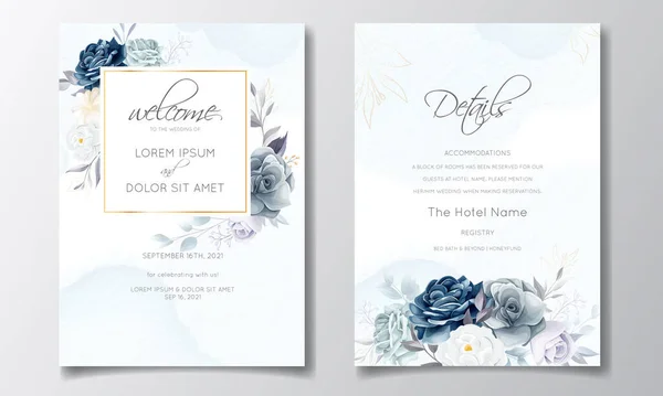 Navy Kék Virágos Esküvői Meghívó Kártya Sablon Arany Levelek Akvarell — Stock Vector