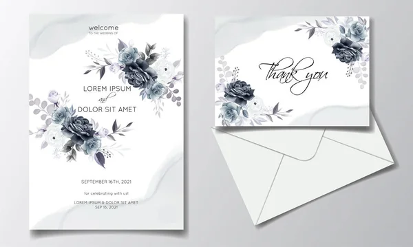 Elegante Graue Florale Hochzeitseinladungskarte Mit Silbernen Blättern Und Aquarellrahmen — Stockvektor