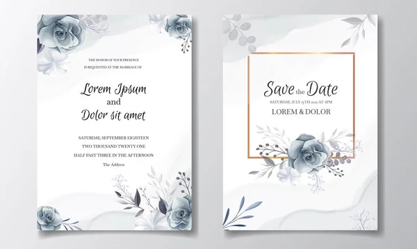 Zarif gri çiçekli düğün davetiyesi şablonu gümüş yapraklı ve suluboya çerçeveli