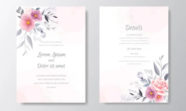 Invitación Romántica Boda Con Hermosa Rosa Cosmos Flor Acuarela Fondo — Vector de stock