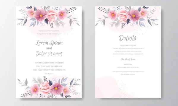 Invitación Romántica Boda Con Hermosa Rosa Cosmos Flor Acuarela Fondo — Vector de stock