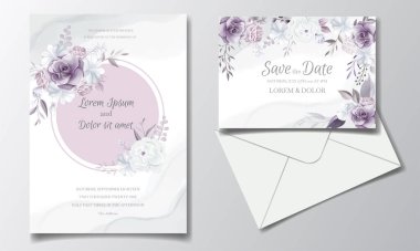 Güzel mor ve beyaz çiçekli zarif bir düğün davetiyesi.