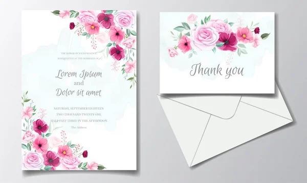 Plantilla Tarjeta Invitación Boda Romántica Con Rosa Flores Cosmos Hojas — Archivo Imágenes Vectoriales