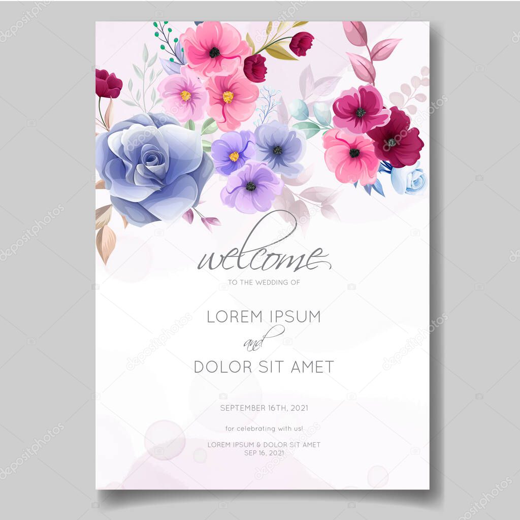 Colorful hand drawn floral wedding invitation card