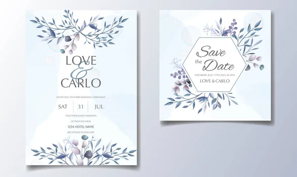 Набір Весільних Запрошень Синьою Квіткою Дизайном Шаблону Листя — стоковий вектор