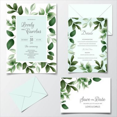 Çiçek desenli kartlar. yeşil düğün davetiye şablonu tasarımı