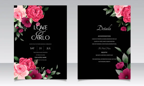 Gyönyörű Virágkoszorú Esküvői Meghívó Kártya Sablon — Stock Vector