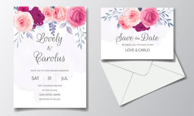 Güzel çiçek çerçeveli düğün davetiyesi şablonu