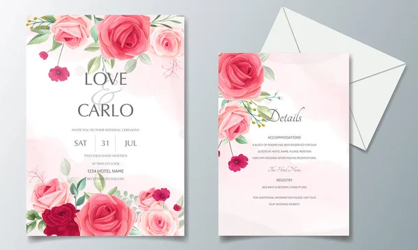 Gyönyörű Virágos Keret Esküvői Meghívó Kártya Sablon — Stock Vector