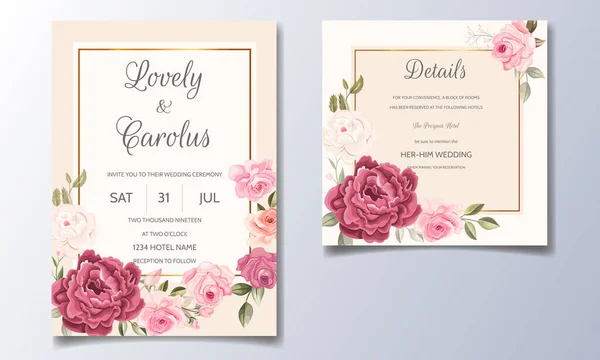 Mooie Elegante Bruiloft Uitnodiging Kaart Template Set Met Bloemen Frame — Stockvector