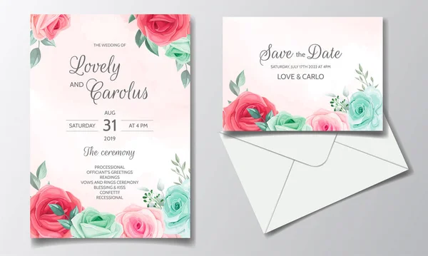 Modelo Conjunto Cartão Convite Casamento Elegante Com Belas Flores Folhas — Vetor de Stock