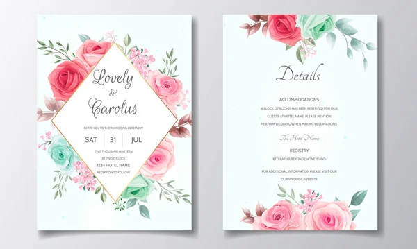 Κομψό Πρότυπο Προσκλητηρίου Γάμου Όμορφα Λουλούδια Και Φύλλα — Διανυσματικό Αρχείο