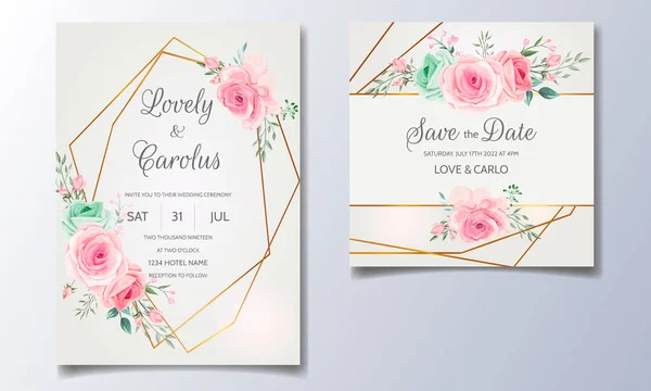 Elegáns Esküvői Meghívó Készlet Sablon Gyönyörű Virágos Levelek — Stock Vector