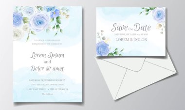 Düğün davetiyesi seti şablonu güzel renkli çiçeklerle ve yapraklarla.