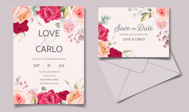 Düğün davetiyesi seti şablonu güzel renkli çiçeklerle ve yapraklarla.