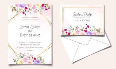Çiçekli suluboya geçmişi olan zarif bir düğün davetiyesi.