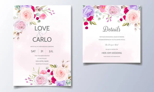 Modelo Conjunto Cartão Convite Casamento Com Belas Flores Coloridas Folhas — Vetor de Stock