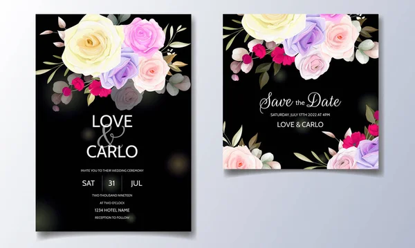 Bröllop Inbjudan Kort Set Mall Med Vackra Färgglada Blommor Och — Stock vektor
