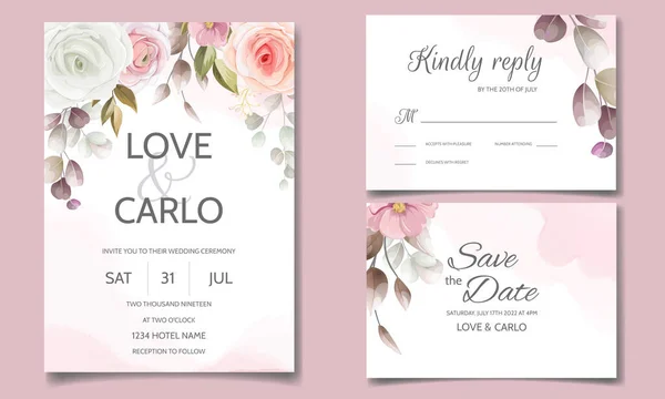 Bröllop Inbjudan Kort Set Mall Med Vackra Färgglada Blommor Och — Stock vektor