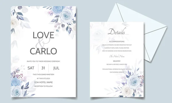 Modelo Cartão Convite Casamento Elegante Definido Com Floral Azul Macio — Vetor de Stock