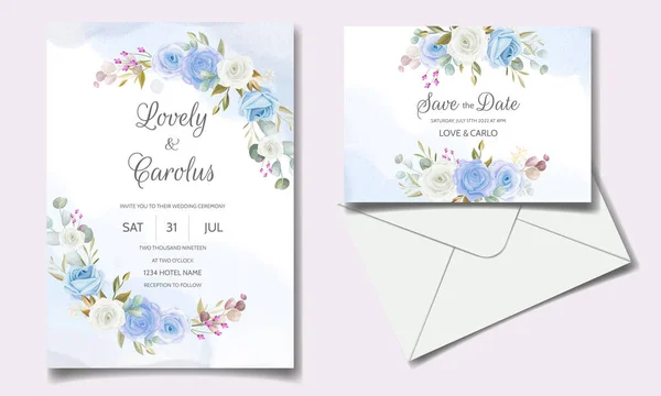 Elégant Modèle Carte Invitation Mariage Avec Doux Bleu Floral — Image vectorielle