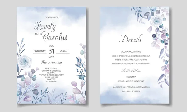 Zarif bir düğün davetiyesi şablonu, yumuşak mavi çiçekli.