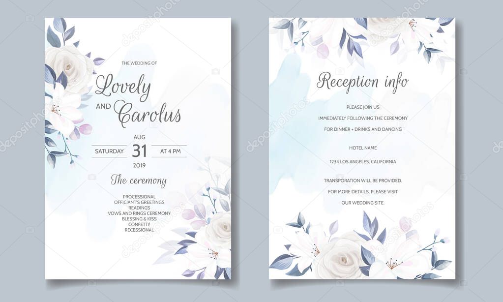 Elegant wedding invitation card template set with soft blue floral