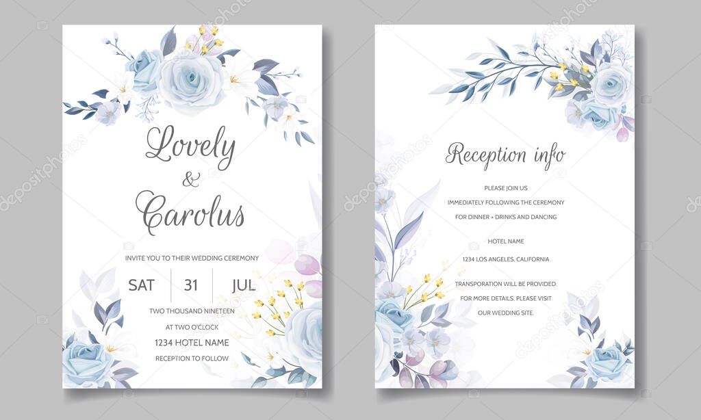 Elegant wedding invitation card template set with soft blue floral