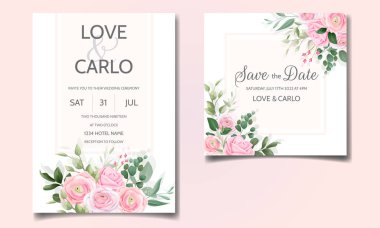 Zarif düğün davetiyesi şablonu. Güzel pembe güller ve yeşil yapraklarla.