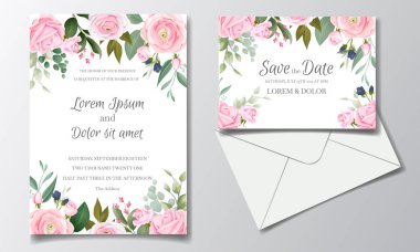Zarif düğün davetiyesi şablonu. Güzel pembe güller ve yeşil yapraklarla.