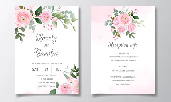 Elegante Hochzeitseinladungskarte Mit Schönen Rosa Rosen Und Grünen Blättern — Stockvektor