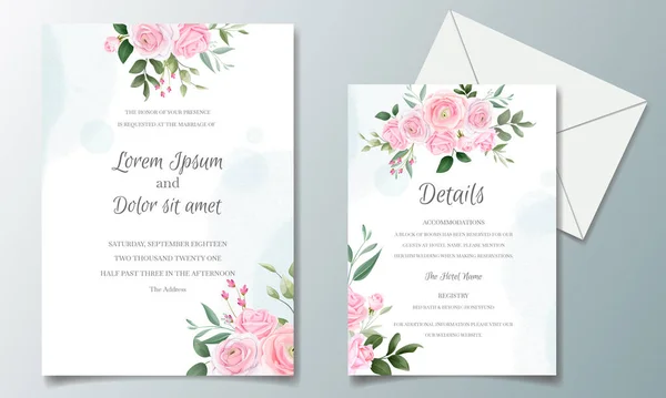 Элегантный Шаблон Свадебного Приглашения Красивыми Розовыми Розами Зелеными Листьями — стоковый вектор