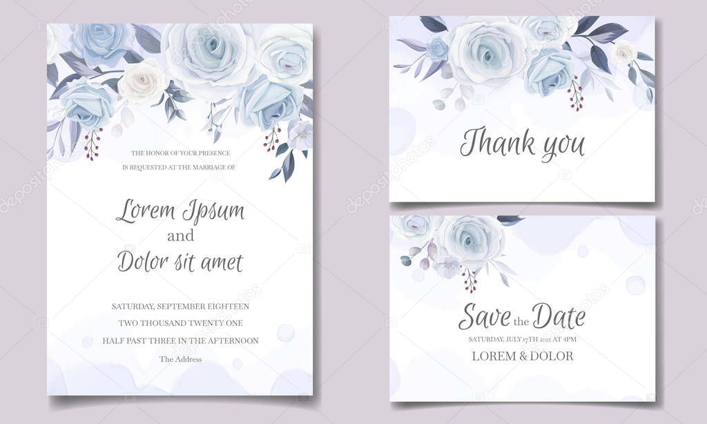 Elegant wedding invitation card template set with soft blue floral