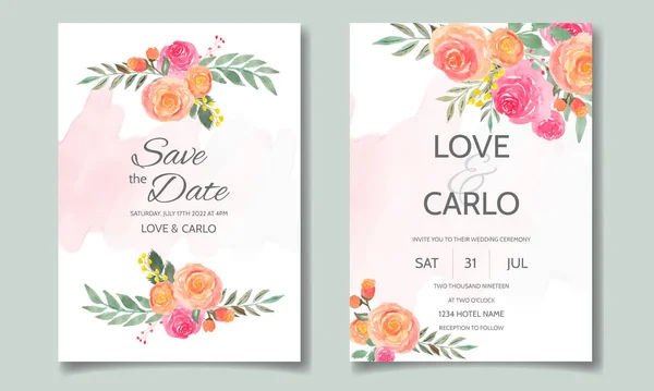 Bröllop Inbjudan Kort Med Blommor Och Lämnar Akvarell — Stock vektor