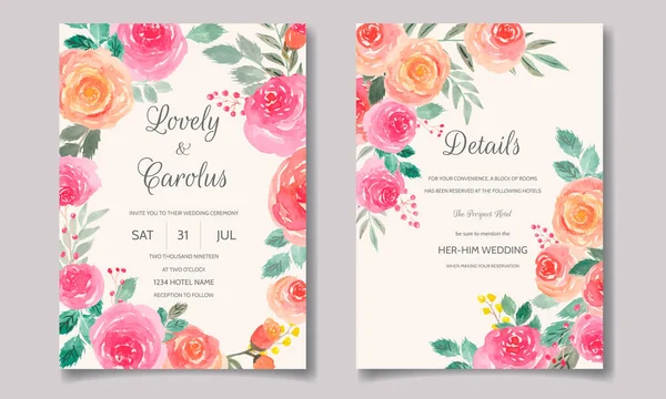 Πρόσκληση Γάμου Κάρτα Floral Και Φύλλα Ακουαρέλα — Διανυσματικό Αρχείο