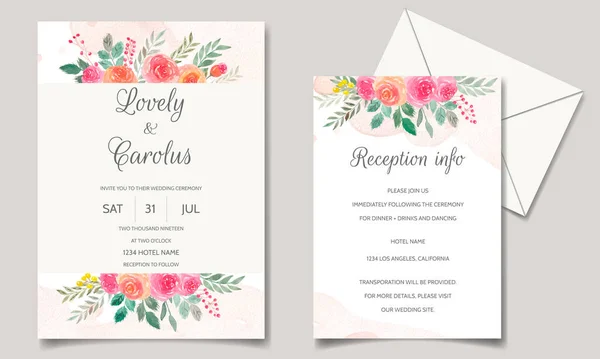 Cartão Convite Casamento Com Floral Folhas Aquarela — Vetor de Stock