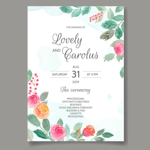 Bruiloft Uitnodiging Kaart Met Bloemen Bladeren Aquarel — Stockvector