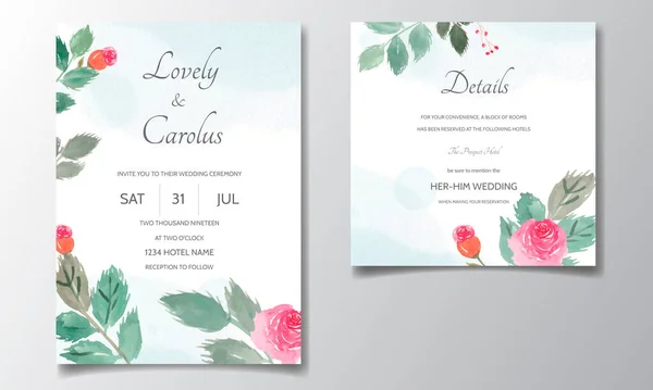 Bruiloft Uitnodiging Kaart Met Bloemen Bladeren Aquarel — Stockvector