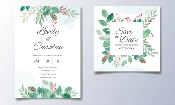 Cartão Convite Casamento Com Floral Folhas Aquarela — Vetor de Stock