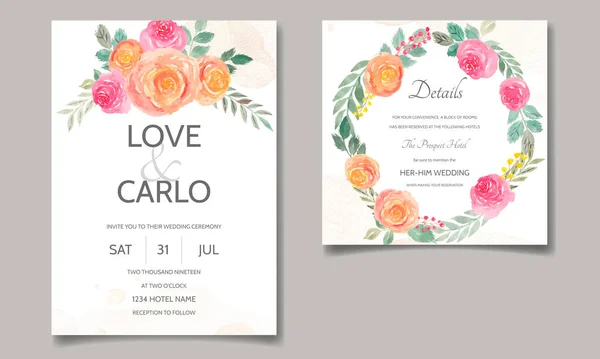 Bröllop Inbjudan Kort Med Blommor Och Lämnar Akvarell — Stock vektor