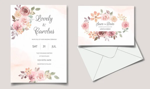 Bröllop Inbjudan Kort Med Vackra Blommor Akvarell — Stock vektor