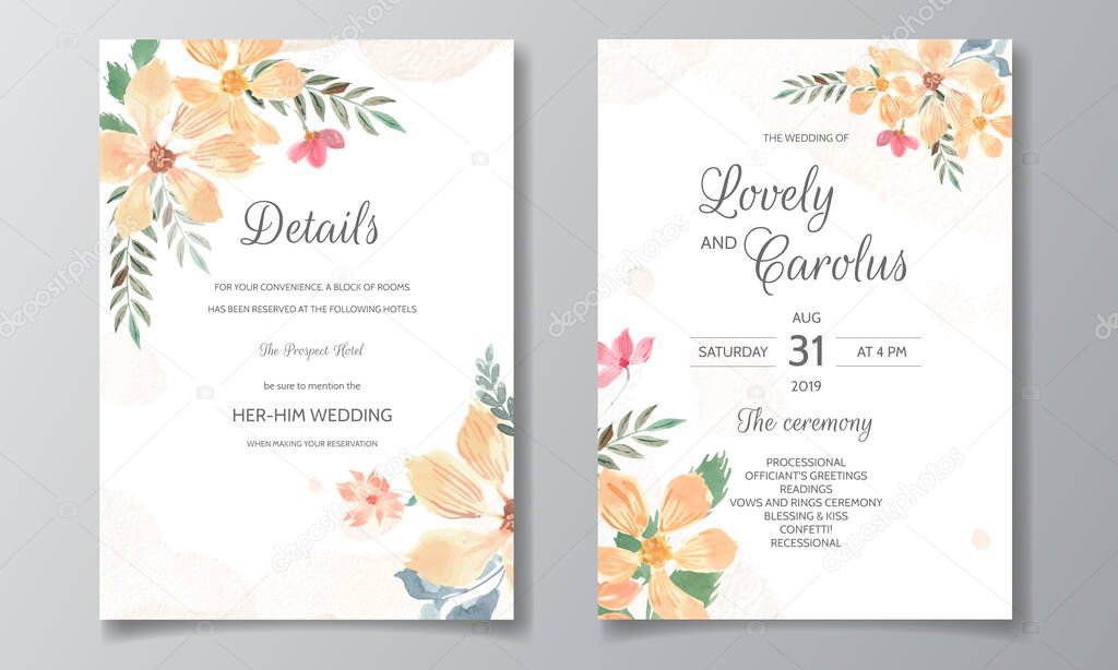 Wedding invitation card with beautiful floral watercolor