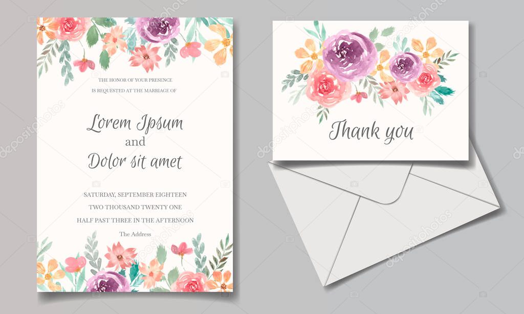 Wedding invitation card with beautiful floral watercolor