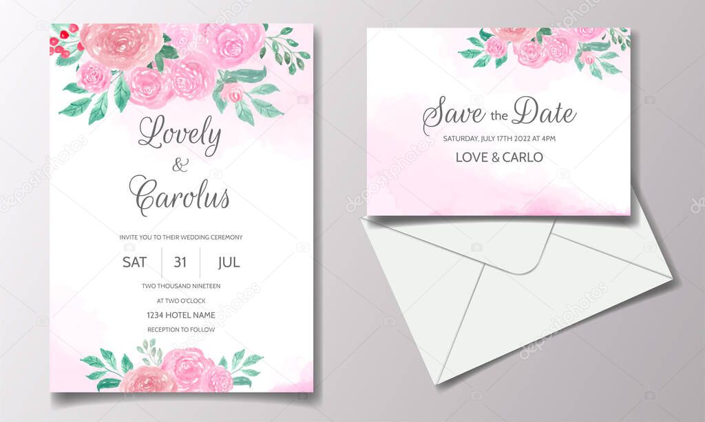 Wedding invitation card with beautiful floral watercolor